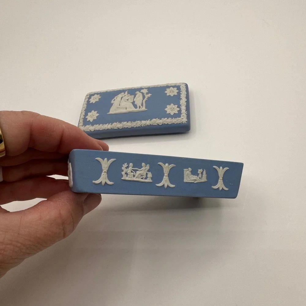 Wedgwood Blue Jasperware Rectangular Trinket Box Neoclassical Made in England